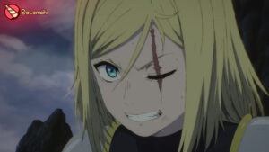 Alicia kneeling by firelight, chains clinking, moments before she defends Luna from danger.